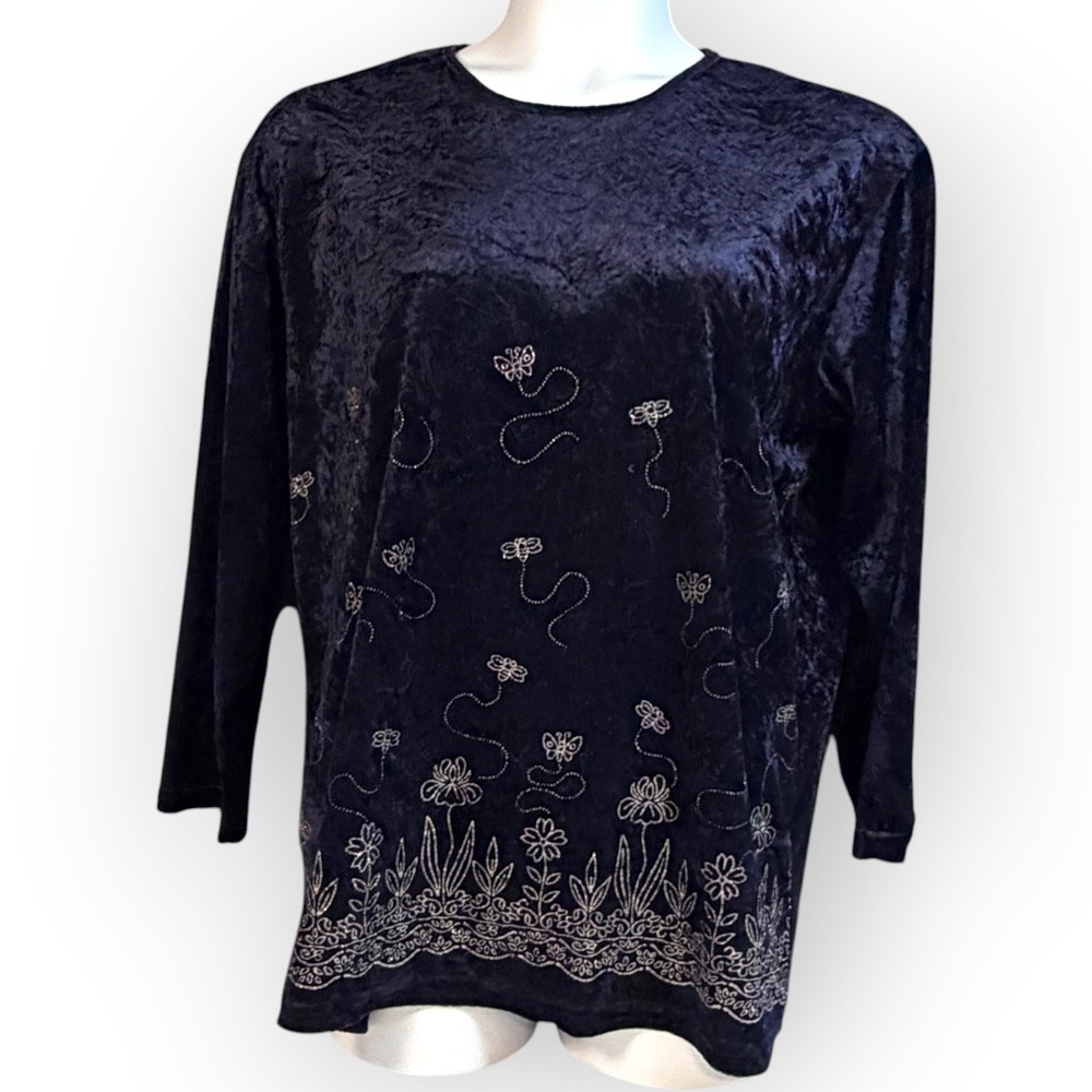 Vtg Blue Crushed Velvet‎ Silver Glitter Butterfly Floral Top XL 90s Whimsigoth